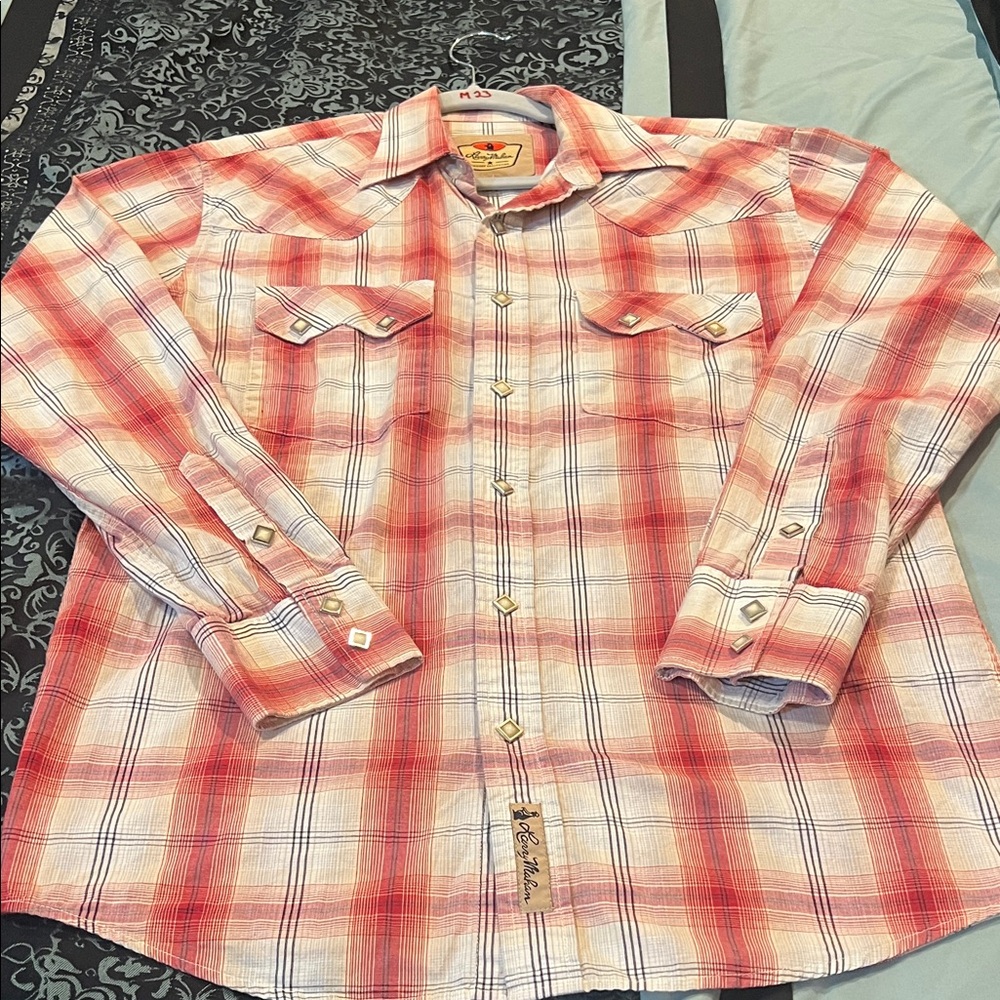 Larry MAHAN Red and White Plaid Button Down Shirt, stylish - Picture 2 of 10